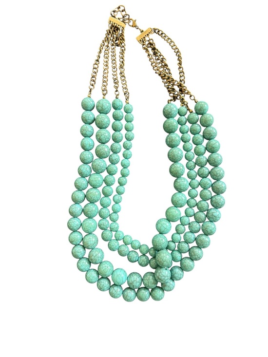 None Jewelry - Multi-Strand Turquoise Bead Necklace with Gold Chains